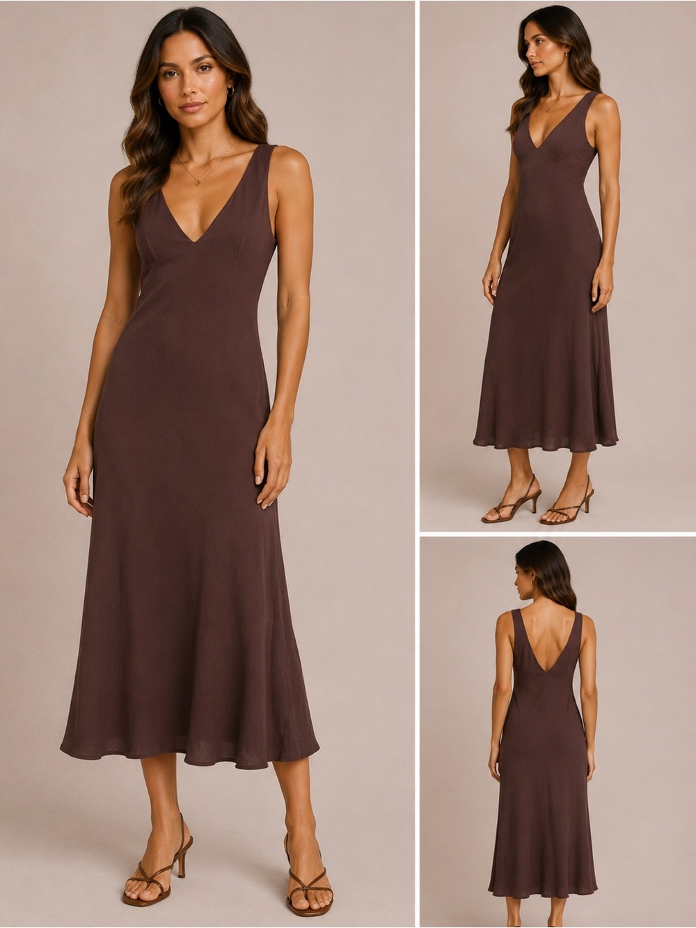 L'AGENCE Brown V-Neck Midi Dress